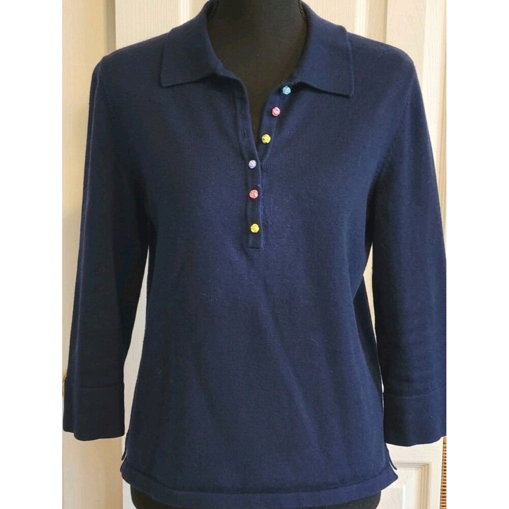 Jones New York Signature Women's Navy Solid Knit Collared Button Polo 3/4 M